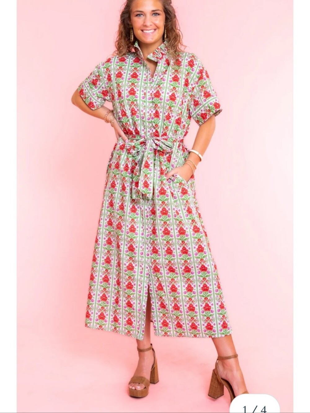 Mod’s Mahal Women’s Midi Shirt Dress English Garden Size XS Pink Green Floral - Picture 14 of 14